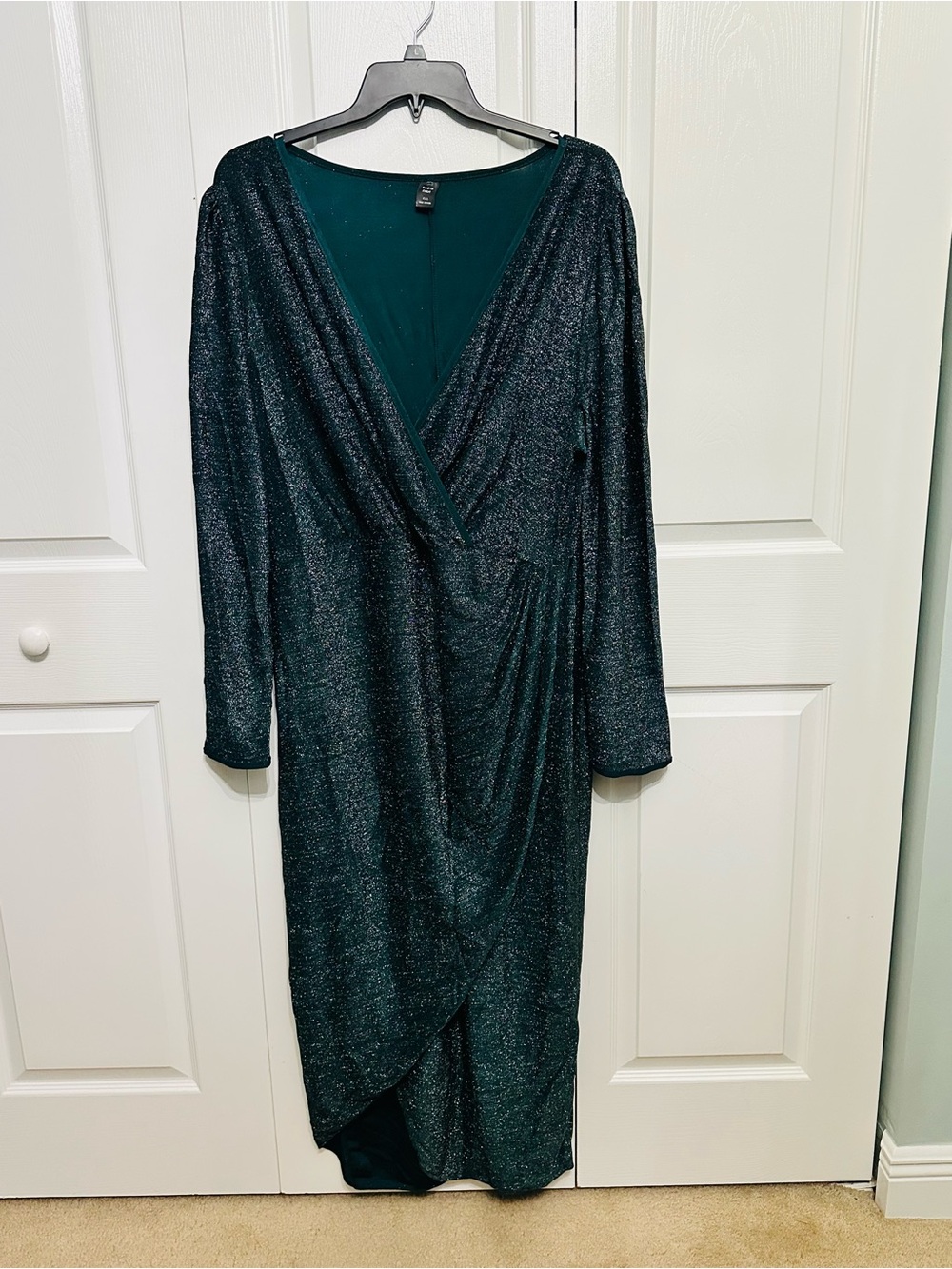 SHEIN Curve 4XL Emerald Green Glitter Wrap Maxi Dress Long Sleeve Formal